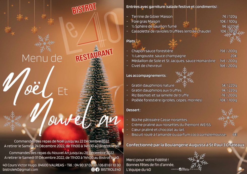 Traiteur de Noël et Nouvel An 2022 Bistrot Le 40