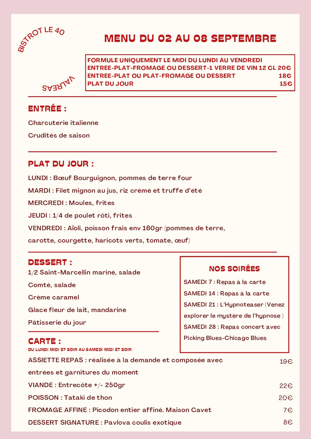 MENU ET PROGRAMMATION SEPTEMBRE 2024