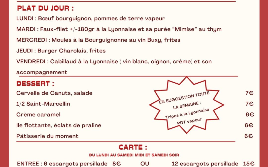 MENU DU 14 AU 19 OCTOBRE