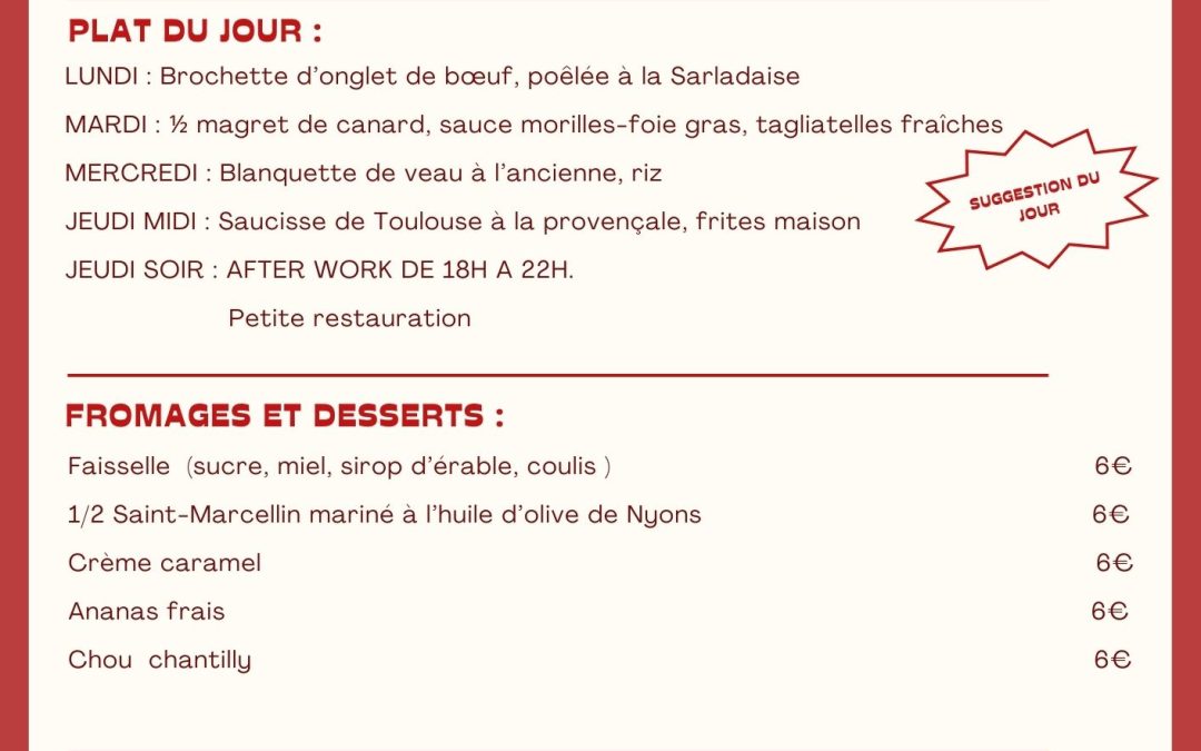 MENU DU 05 AU 10 MAI