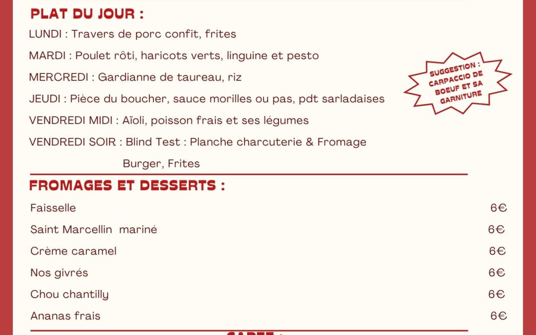 MENU DU 9 AU 14 JUIN