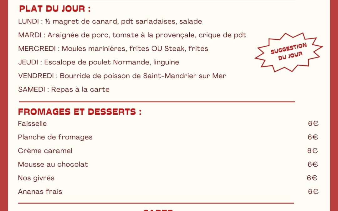 MENU DU 16 AU 21 JUIN