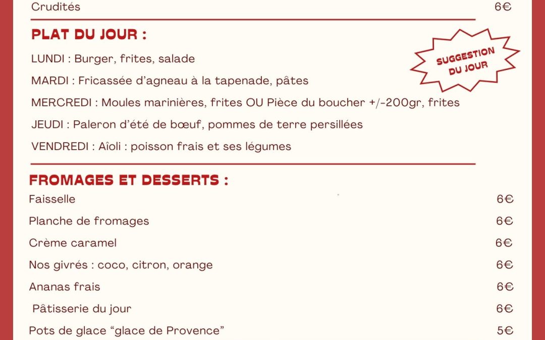 MENU DU 23 AU 28 JUIN