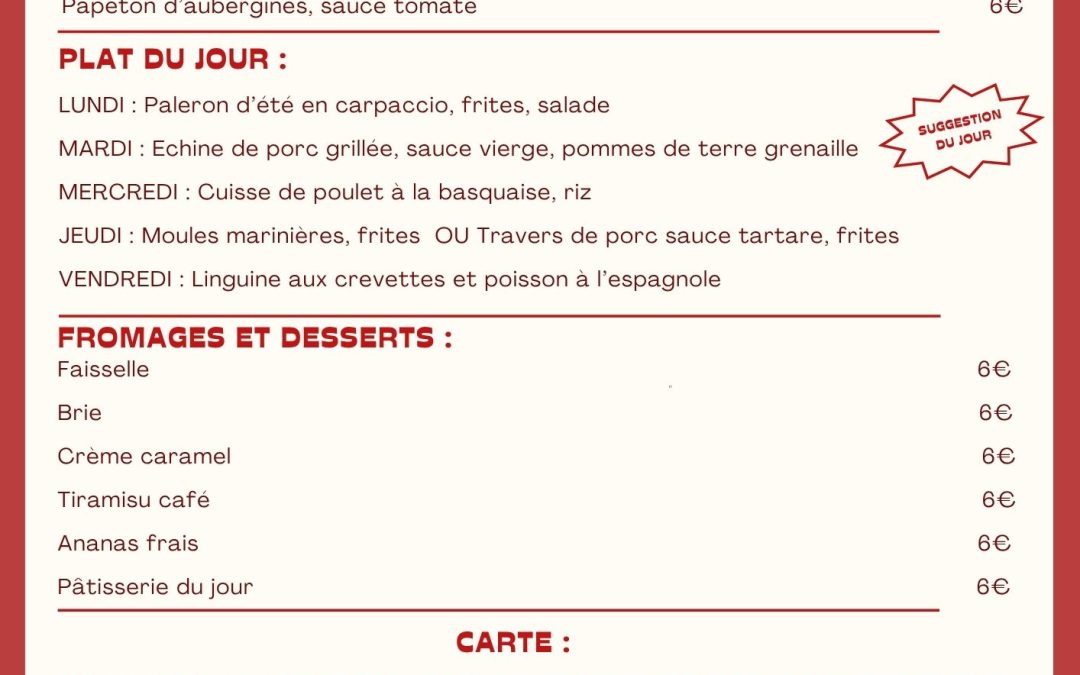 MENU DU 21 AU 25 JUILLET