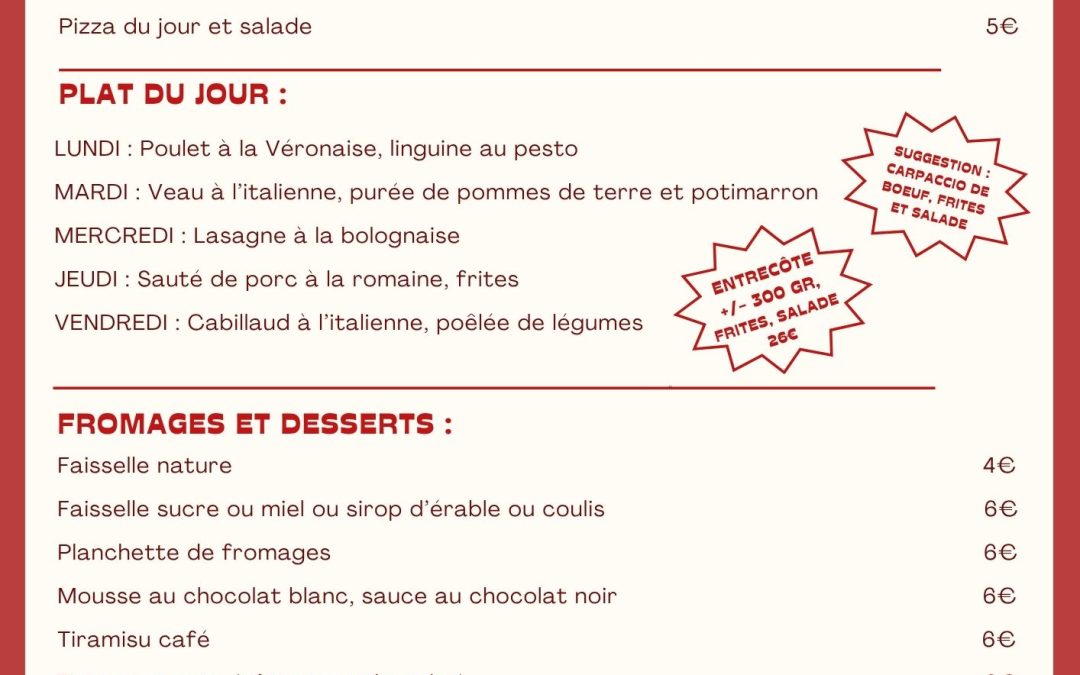 MENU DU 27 AU 31 OCTOBRE