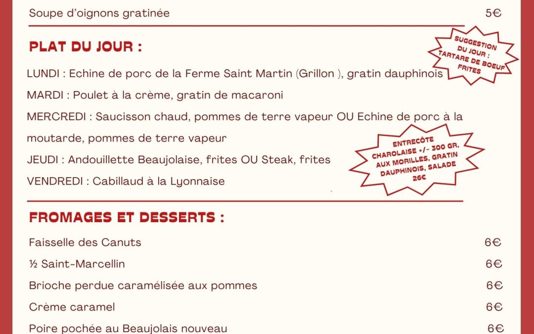 MENU DU 10 AU 15 NOVEMBRE