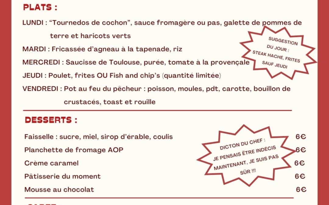 MENU DU 26 AU 31 JANVIER