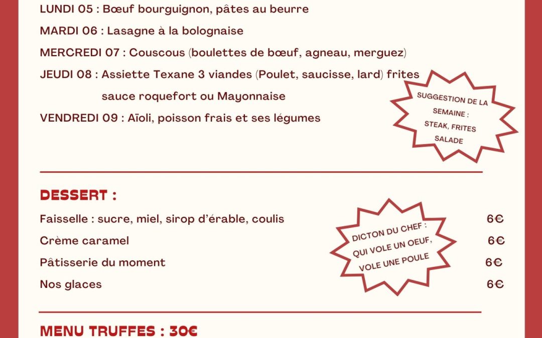 MENU DU 05 AU 09 JANVIER